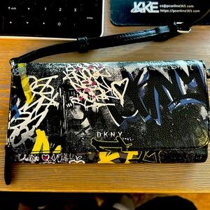 DKNY Black Graffiti  Zip Around Crossbody Bag Small